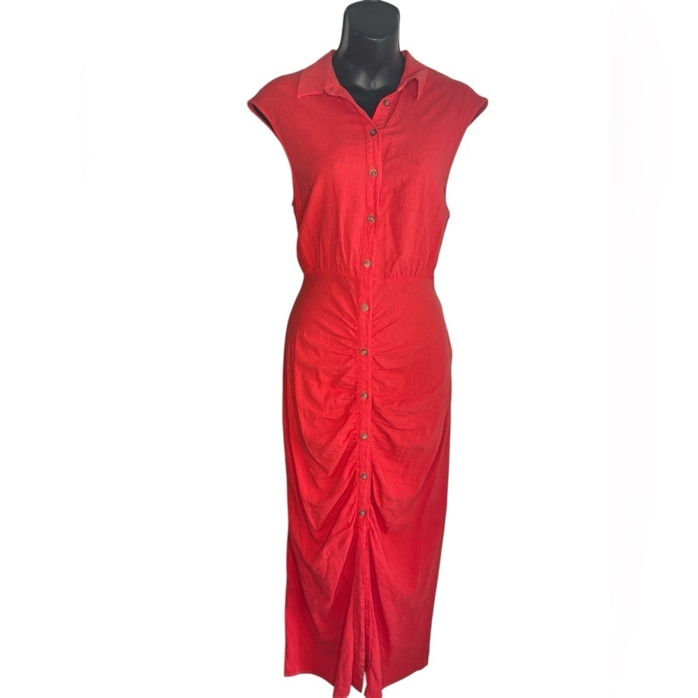 Zara cherry red sleeveless front button ruched linen blend midi dress sz M - Picture 10 of 15